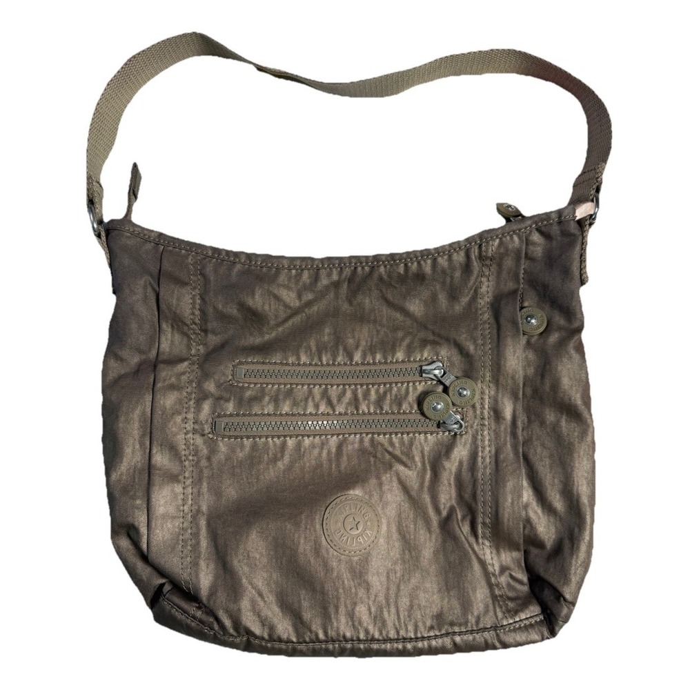 KIPLING COATED‎ SILVER GRAY NYLON CANVAS STRAP SHOULDER BAG HANDBAG PURSE